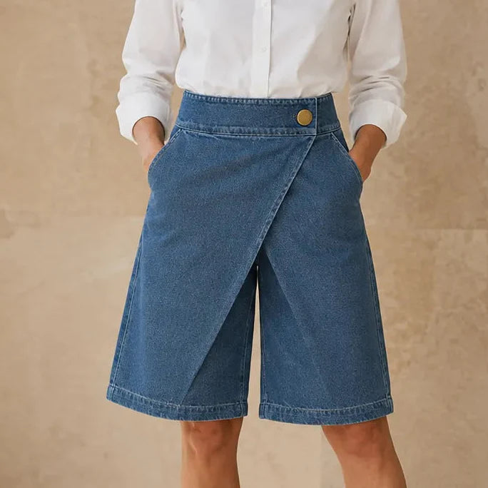 Velara – Asymmetric Wrap-Front Knee-Length Denim Look Bermuda Shorts