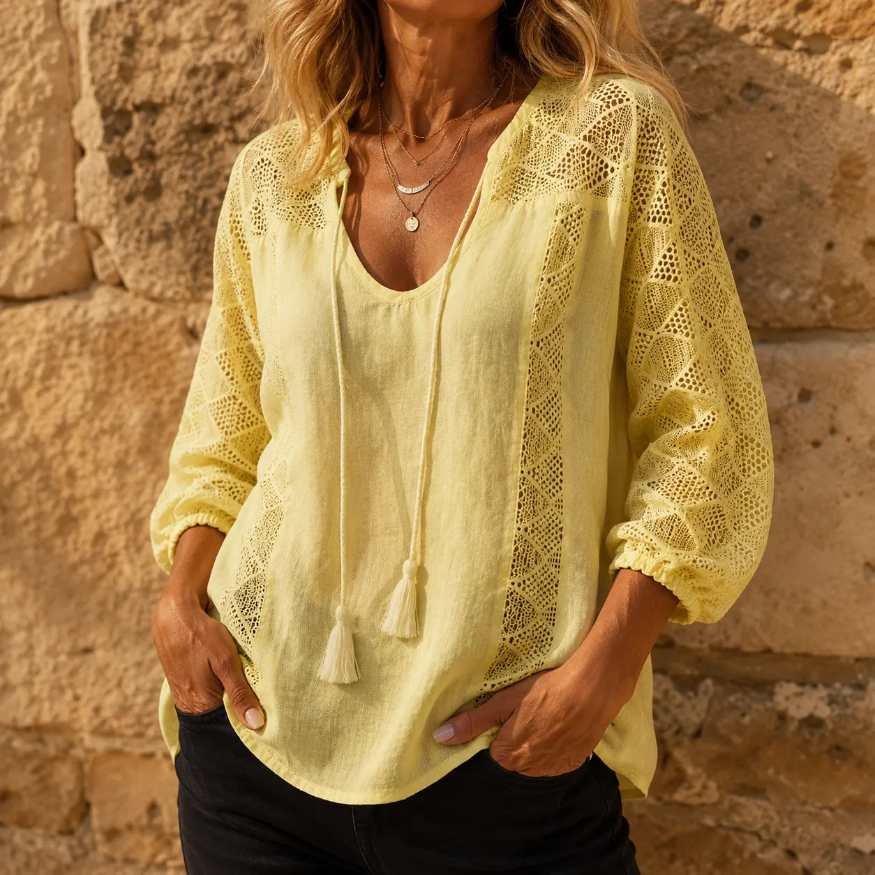 Soraya – Boho Lace Look Blouse with Tassel Tie U-Neck