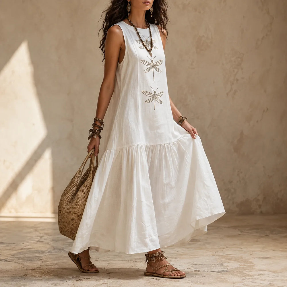 Solenne – Sleeveless Dragonfly Maxi Dress with Drop Waist