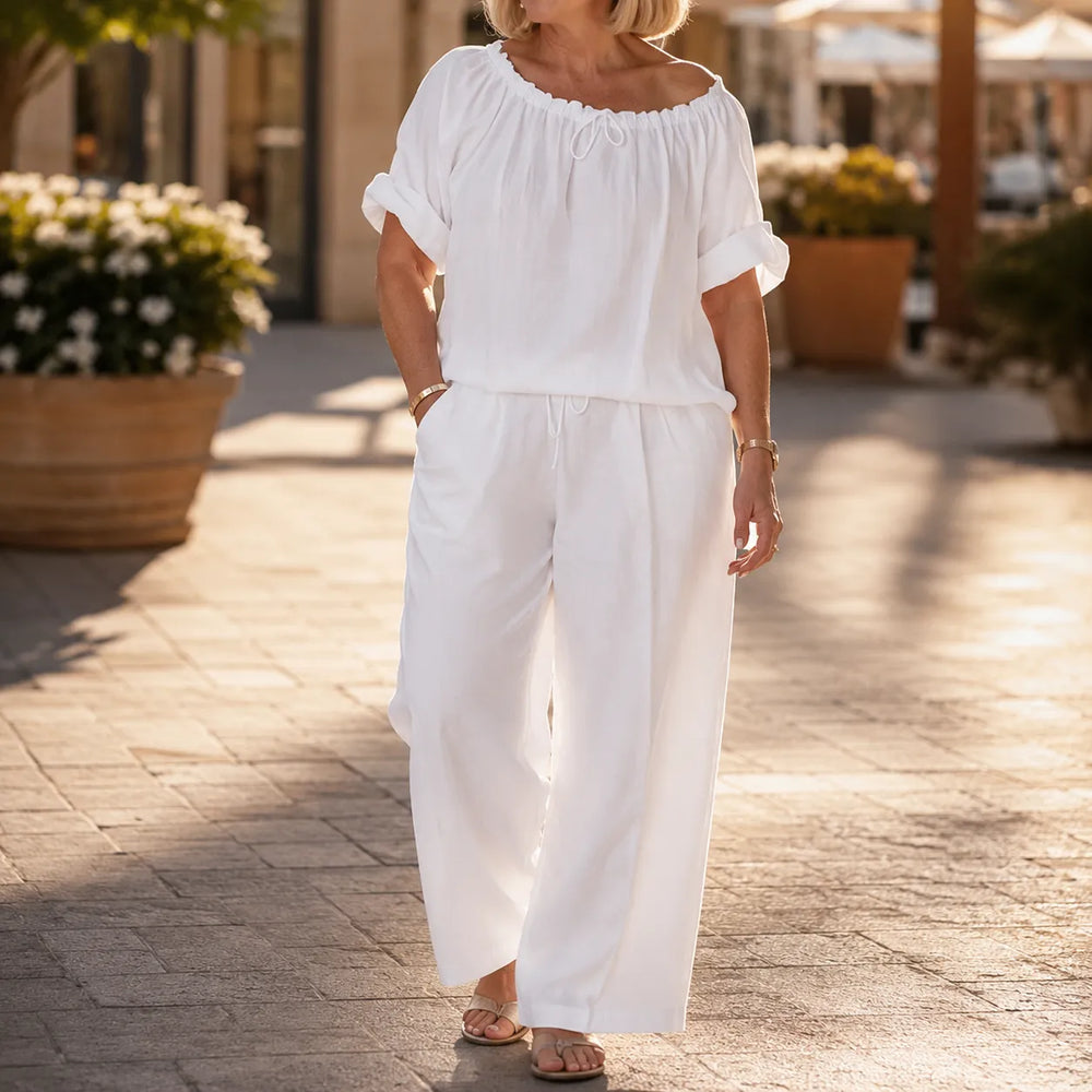 Soléne – Off-Shoulder Drawstring Top & Wide-Leg Pants 2-Piece Set