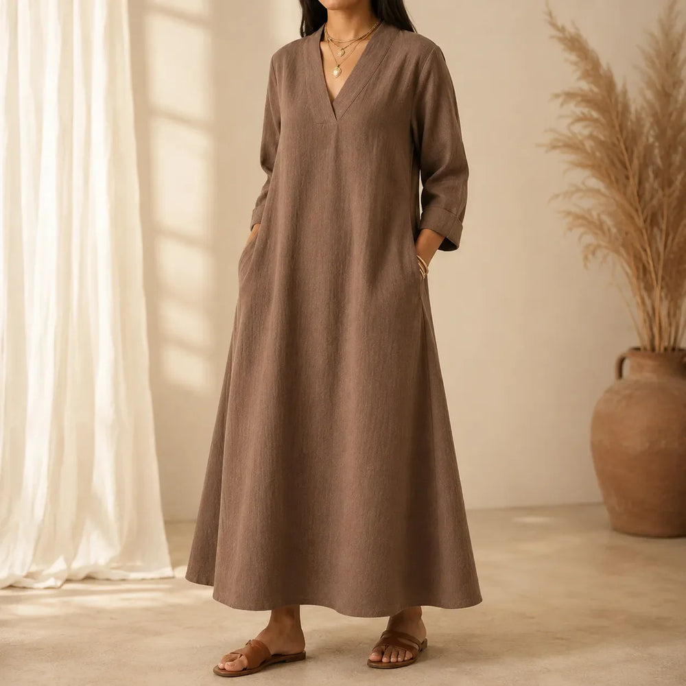 Lunara – Linen-Look V-Neck A-Line Maxi Dress with Pockets