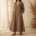 Lunara – Linen-Look V-Neck A-Line Maxi Dress with Pockets
