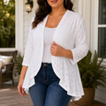 Veluna™ – Lightweight Eyelet Open-Front Cardigan for Women, 3/4 Sleeve Ruffle Hem Summer Layer
