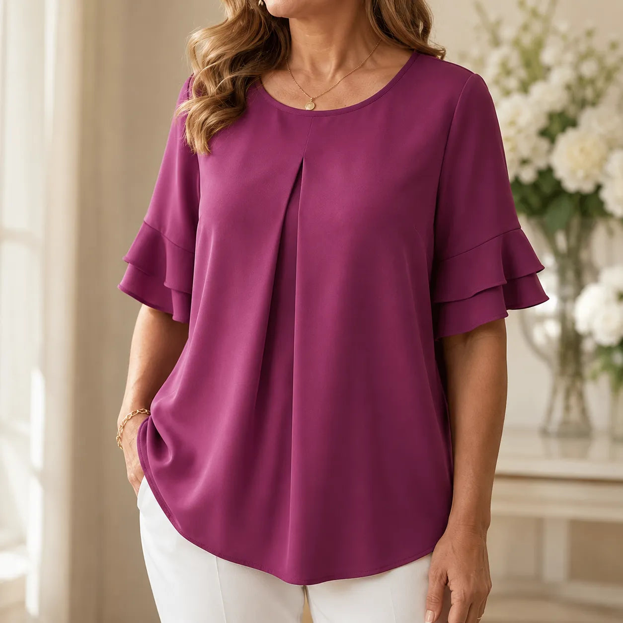 Vellora – Women's Pleated Flutter Sleeve Blouse