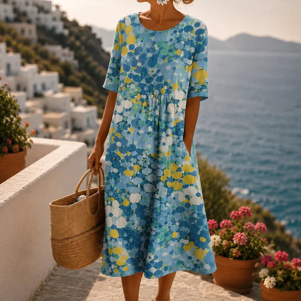 Soleia – Watercolor print flowing midi dress with pockets