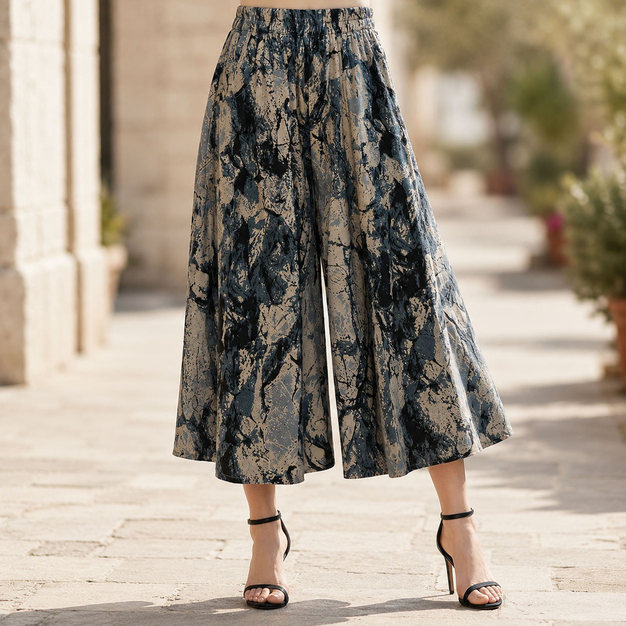Florenza™ – Wide-Leg Flowy Summer Capri Pants with Elastic Waist & Pockets