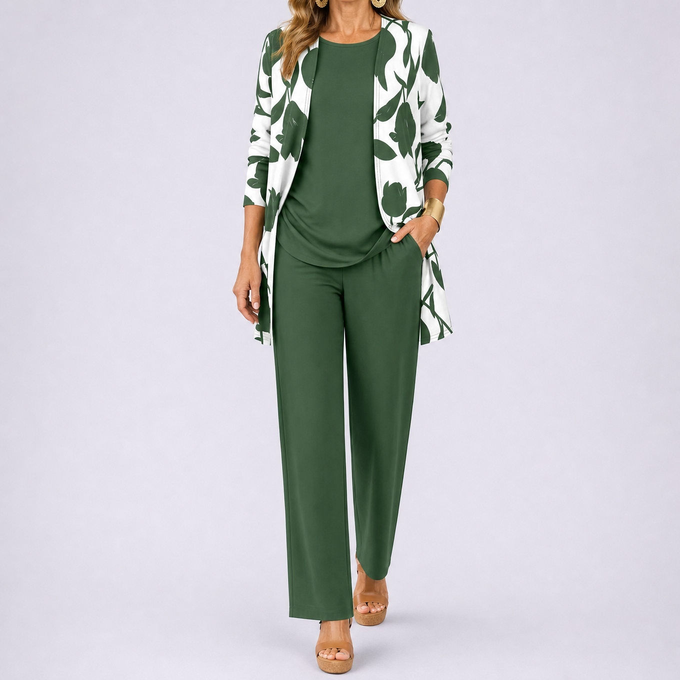 Brenda™ – Women's 3 Piece Set with Floral Cardigan, Scoop Top and Wide Leg Trousers