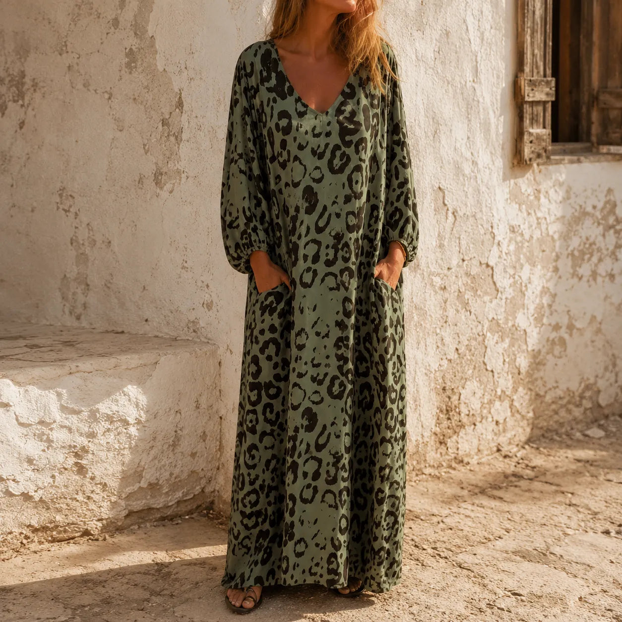 Lunavia – Leopard Print V-Neck Maxi Dress with Pockets, Loose Kaftan Fit, 4 Colors