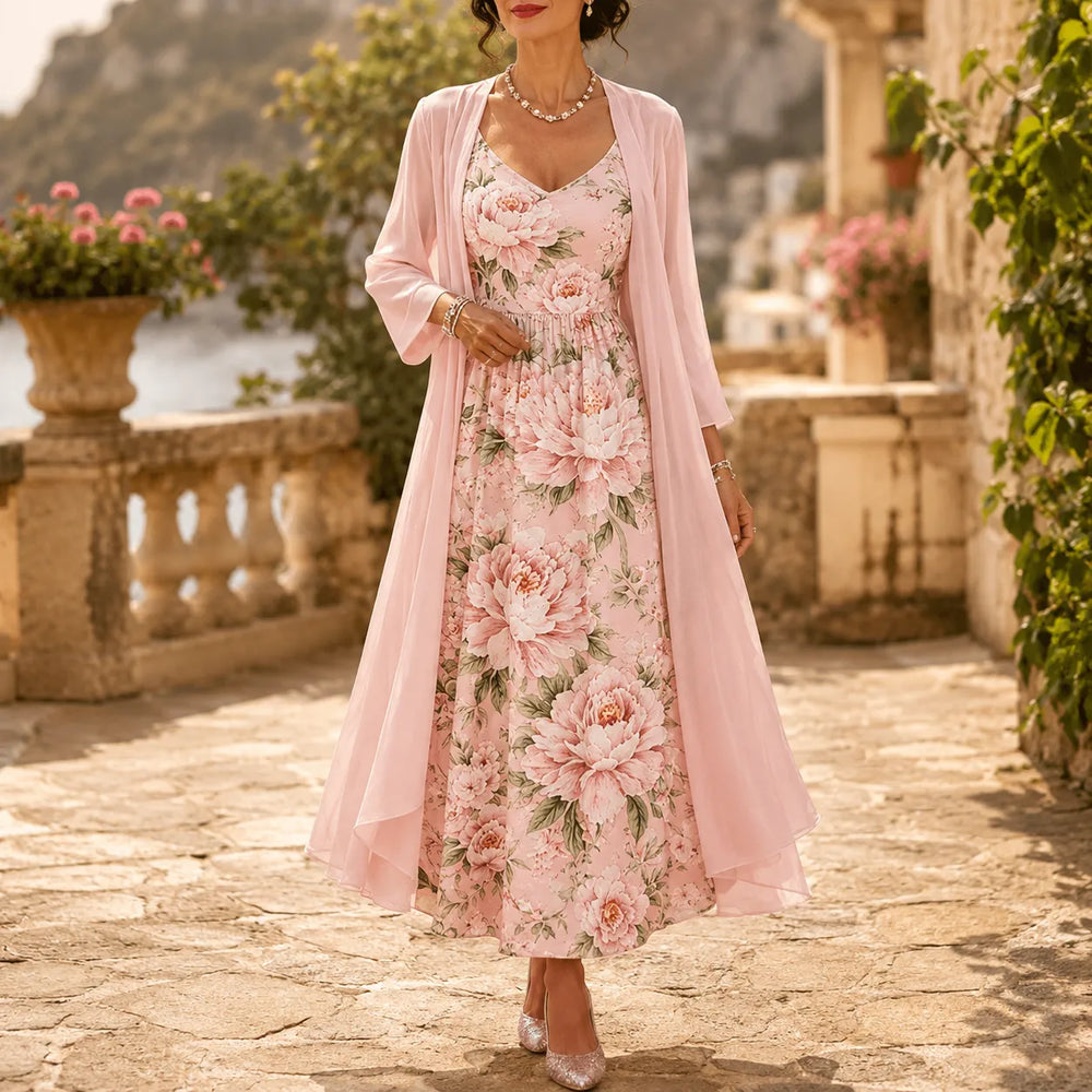 Florenza – Two-Piece Floral Maxi Dress with Sheer Duster