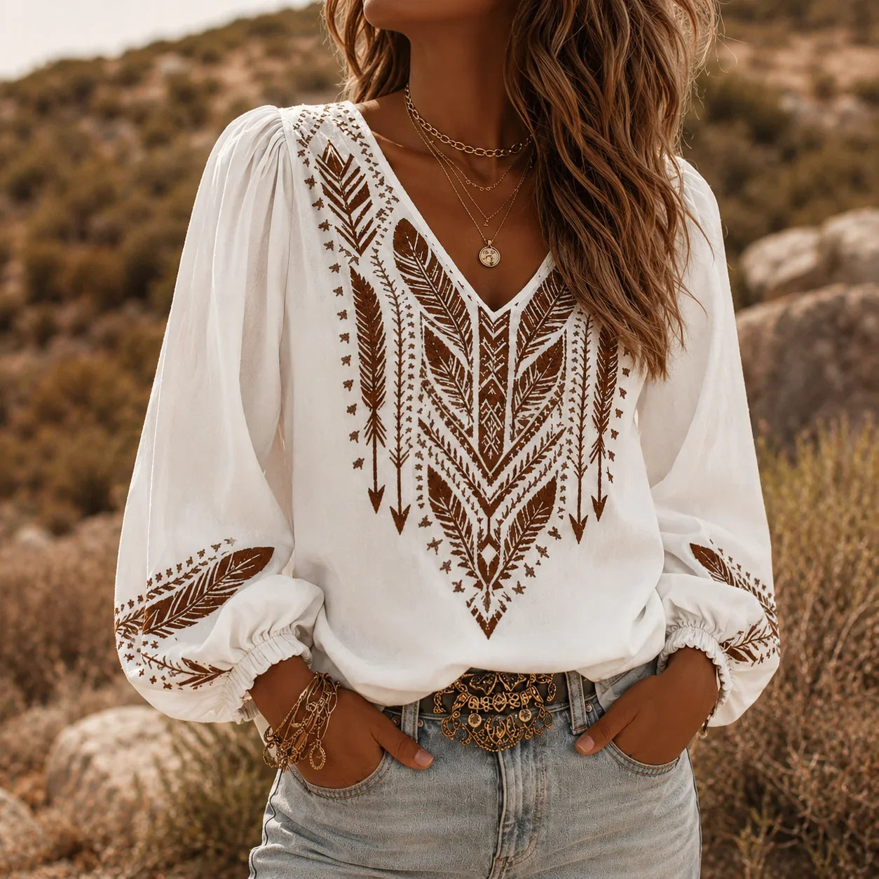 Soluna – Embroidered Boho Blouse, V-Neck, Balloon Sleeve