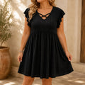 Florelle – Women's Eyelet Babydoll Dress with Criss Cross V Neck and Flutter Sleeves