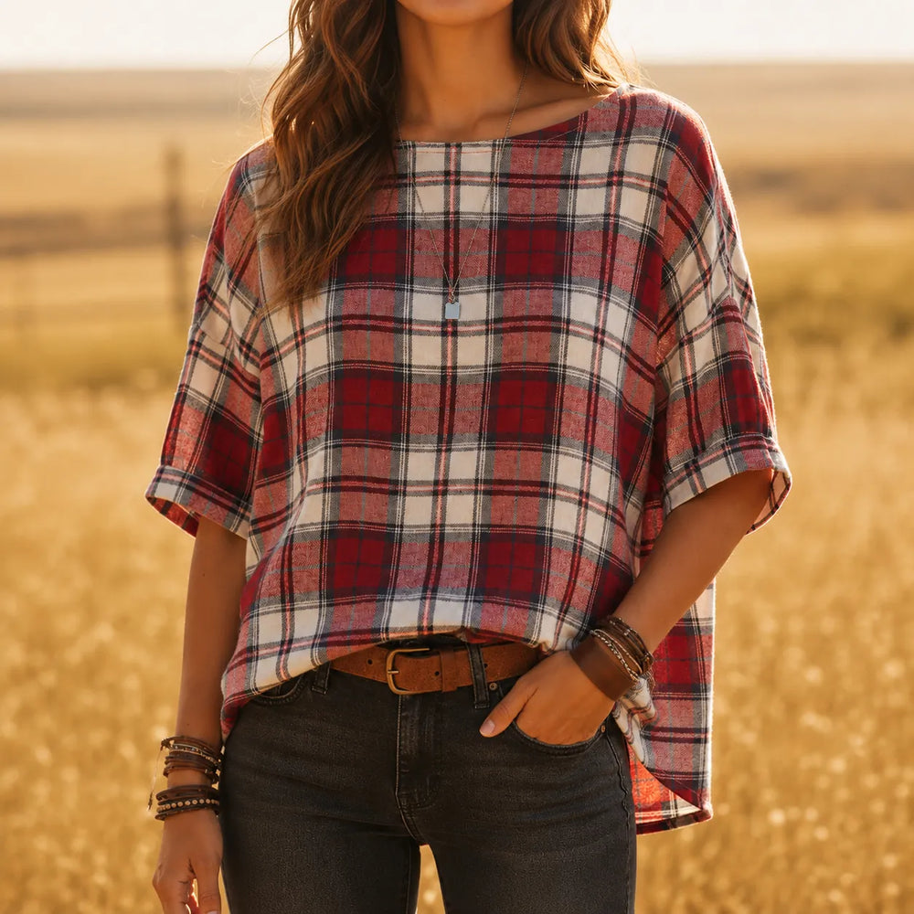 Wrenfield – Plaid Round Neck Blouse with Cuffed Sleeves