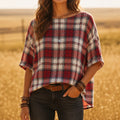 Wrenfield – Plaid Round Neck Blouse with Cuffed Sleeves