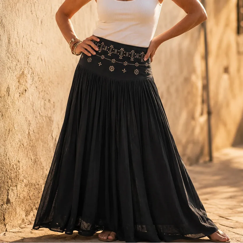 Soléra – High Waist A-Line Boho Maxi Skirt for Women