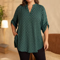 Drapella – Geometric Print V-Neck Tunic Blouse with Roll-Tab Sleeves
