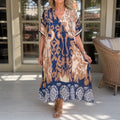 Marivelle – Coastal Damask V-Neck Loose Midi Dress for Women