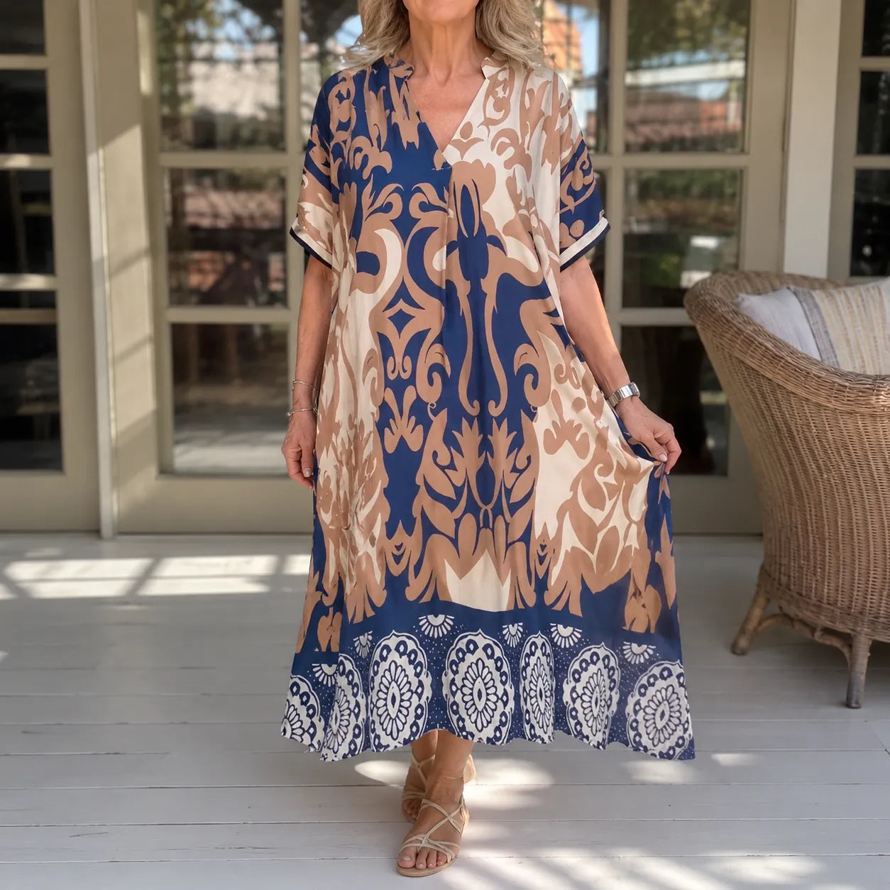 Marivelle – Coastal Damask V-Neck Loose Midi Dress for Women