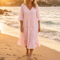 Soleia – Flowy Tiered V-Neck Midi Dress with Tassel Tie, Soft Feel, Half Sleeve