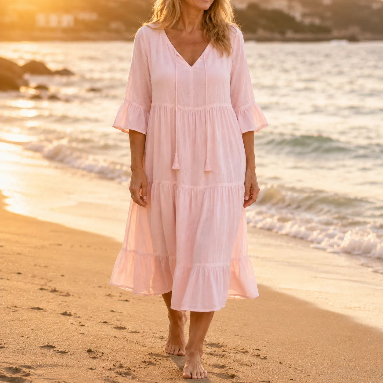 Soleia – Flowy Tiered V-Neck Midi Dress with Tassel Tie, Soft Feel, Half Sleeve