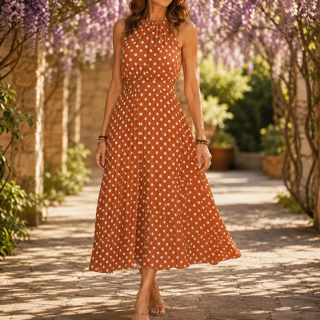 Soliana – Pleated Polka Dot Halter Midi Dress for Women