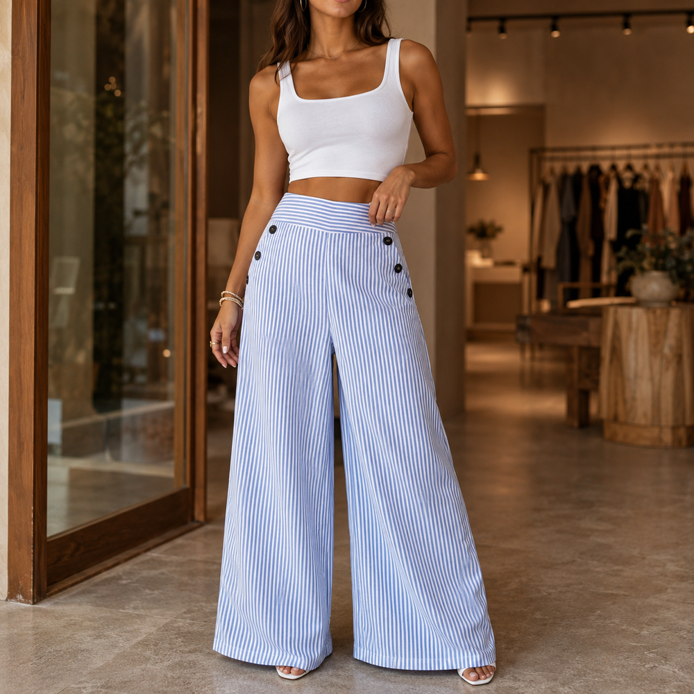 Marella – High-Waist Wide-Leg Pinstripe Trousers with Side Buttons