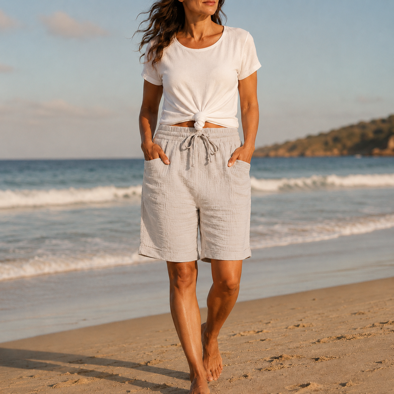 Brisella™ – Crinkle Bermuda Shorts with Drawstring Waist and Pockets