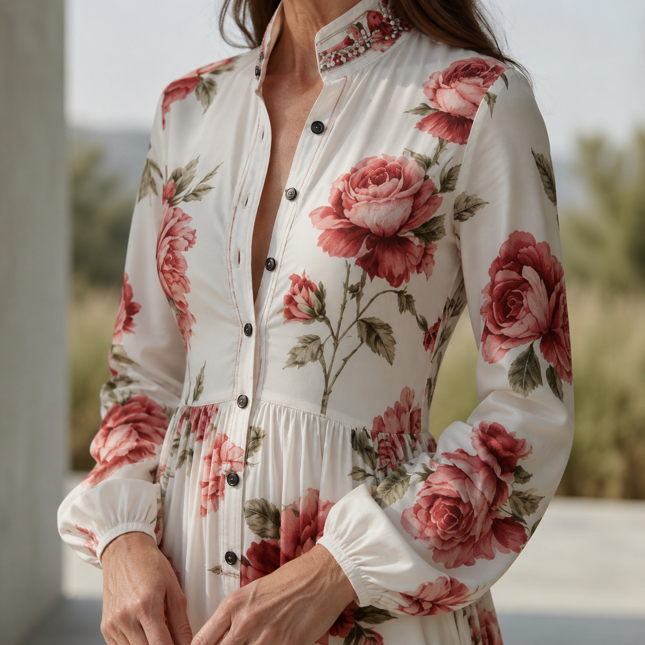 Luvelle™ – Rose Print Button-Front Maxi Dress with Long Sleeves
