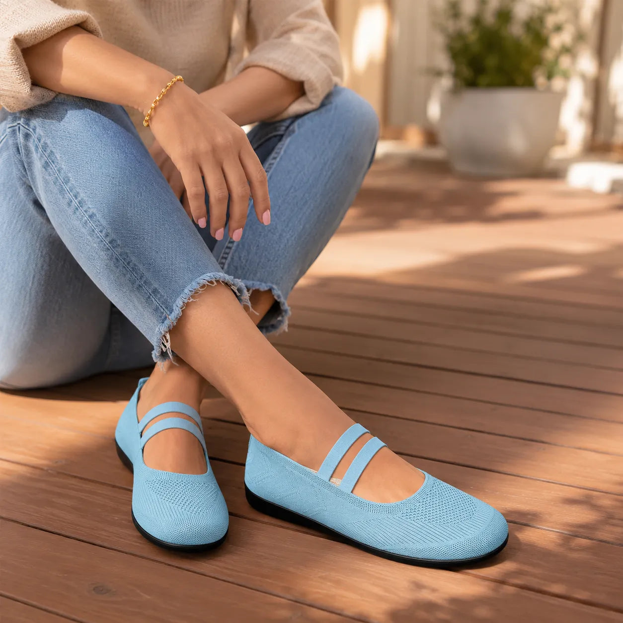Soffea – Knit Mary Jane Flats with Elastic Straps for Women, Slip On Breathable Ballet Shoes