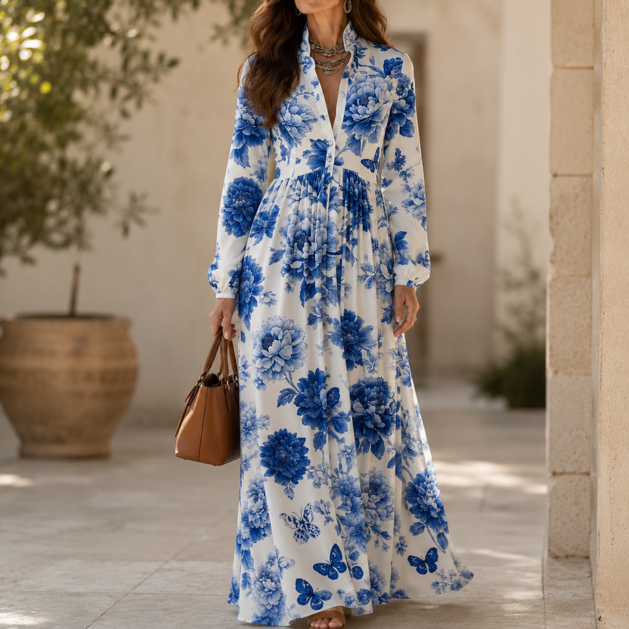 Mirabel™ – Blue Floral Peony Button-Front Maxi Shirt Dress with Pockets