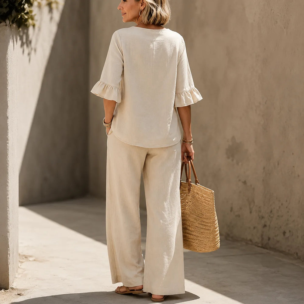 Lunavia – Linen-Look 2-Piece Set, Ruffle-Cuff Top & Wide-Leg Trousers, Women's Coordinated Outfit