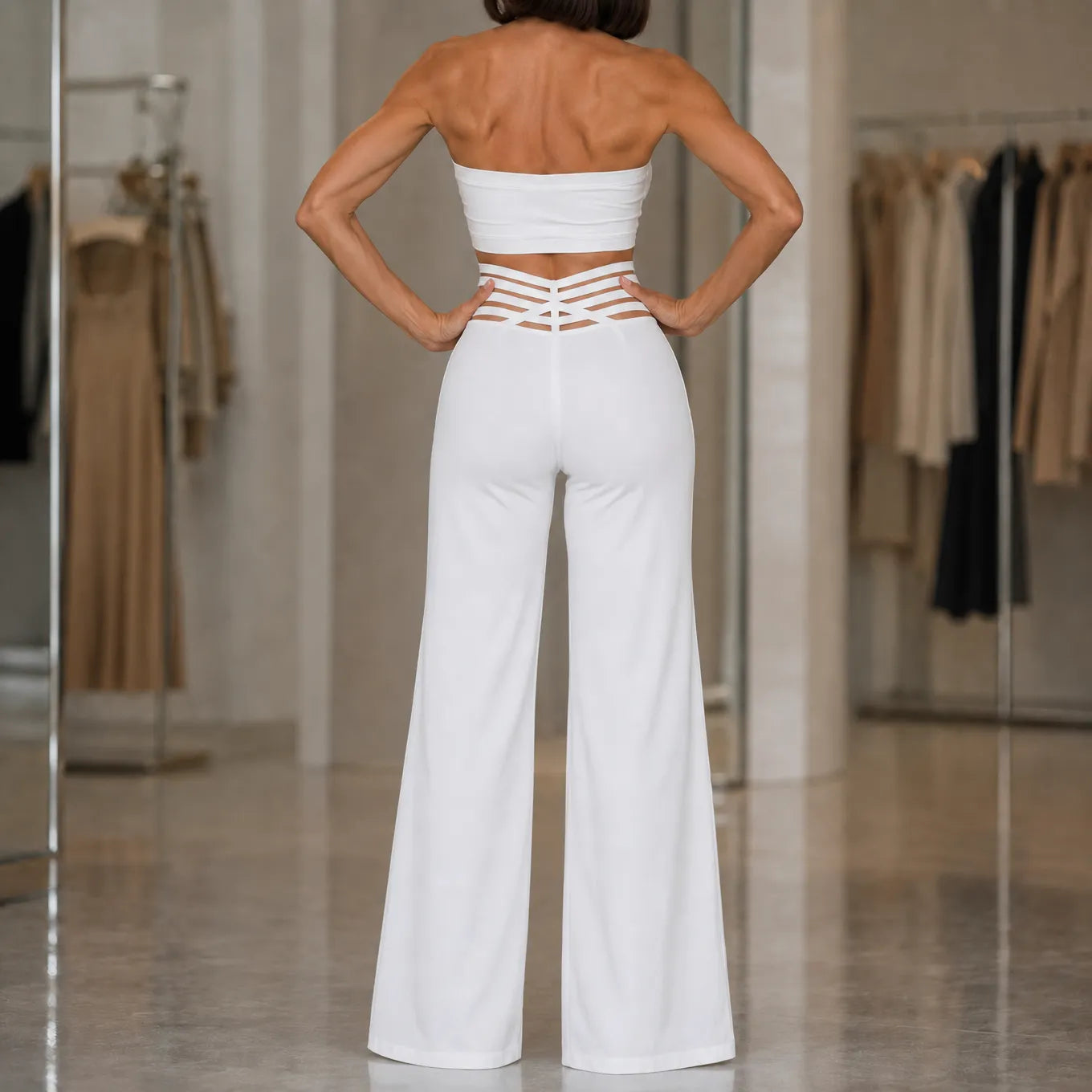 Vélane – High-Waisted Wide-Leg Pants with Cross-Strap V-Waist
