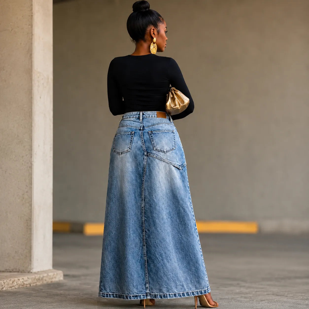 Saviera – Asymmetric Layered Denim Maxi Skirt with High Front Slit