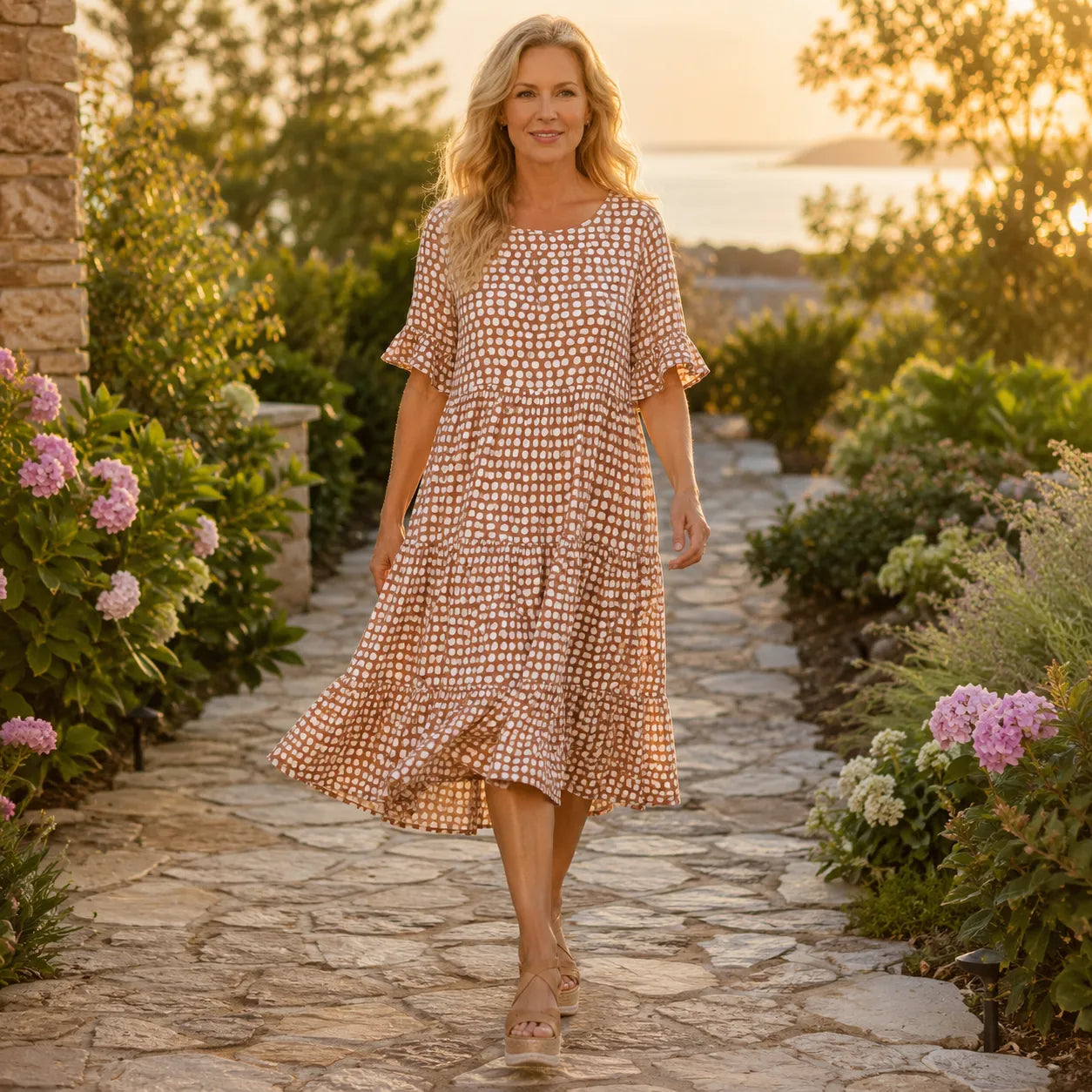 Soleluna – Tiered Polka Dot Midi Dress with Ruffle Sleeves