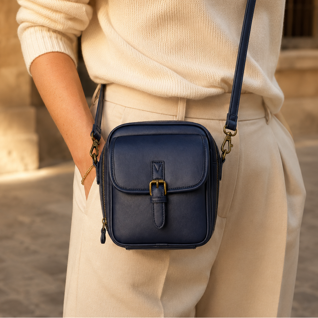 Solene – Structured PU crossbody bag with built-in wallet and glasses compartment