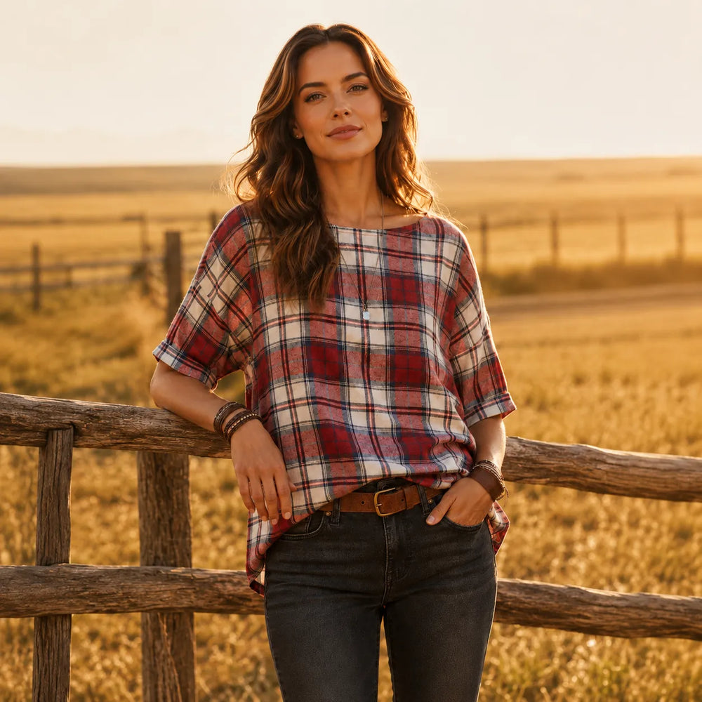 Wrenfield – Plaid Round Neck Blouse with Cuffed Sleeves