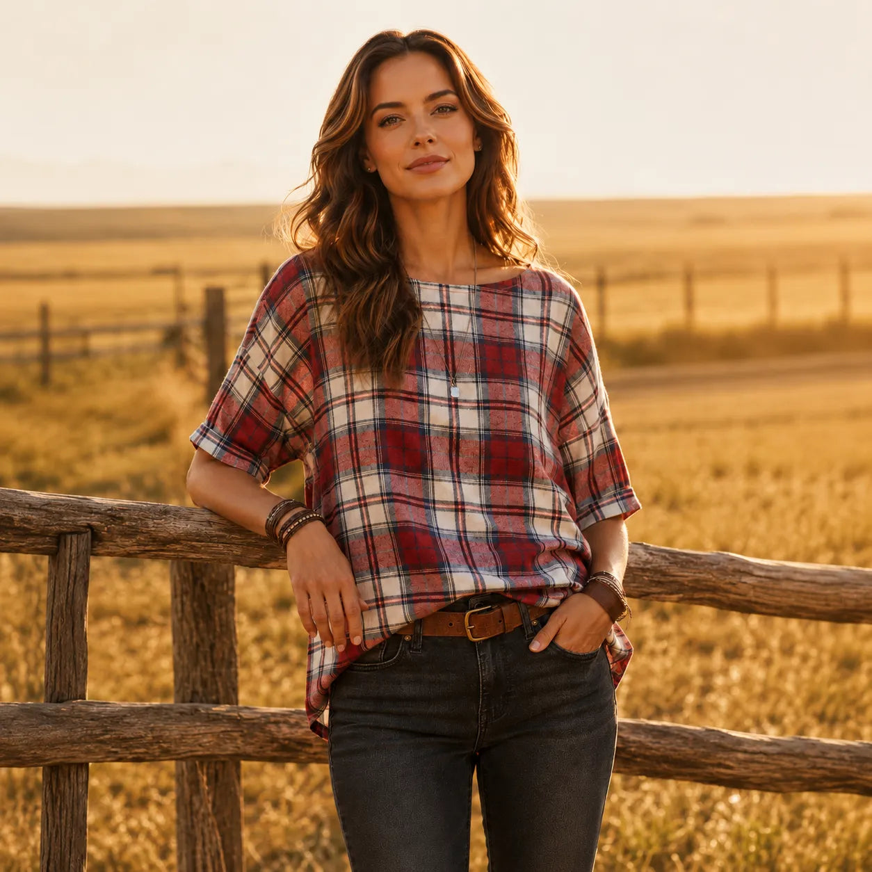 Wrenfield – Plaid Round Neck Blouse with Cuffed Sleeves