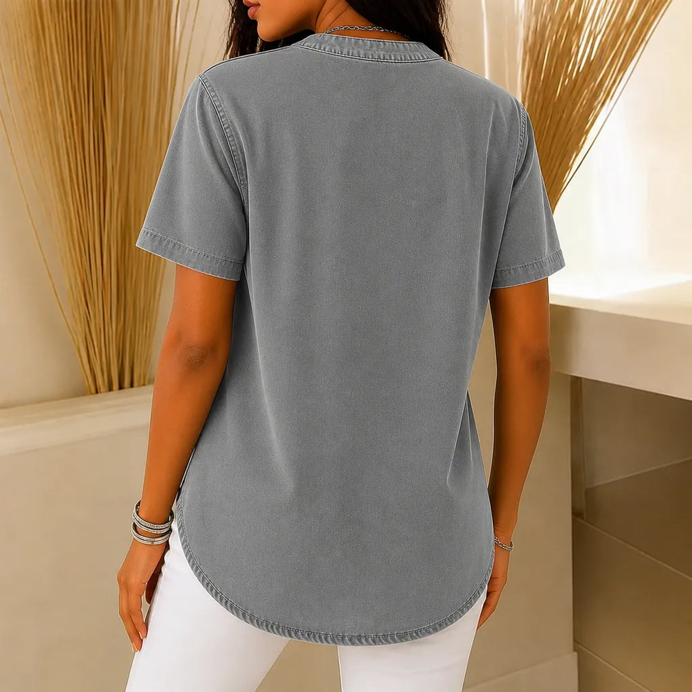 Avelyn – Henley Denim-like Tunic Top with Side Buttons for Women