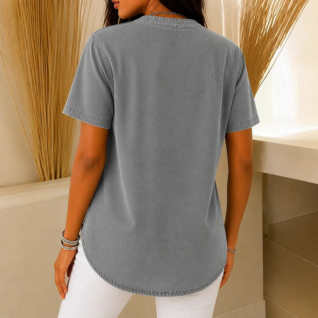 Avelyn – Henley Denim-like Tunic Top with Side Buttons for Women