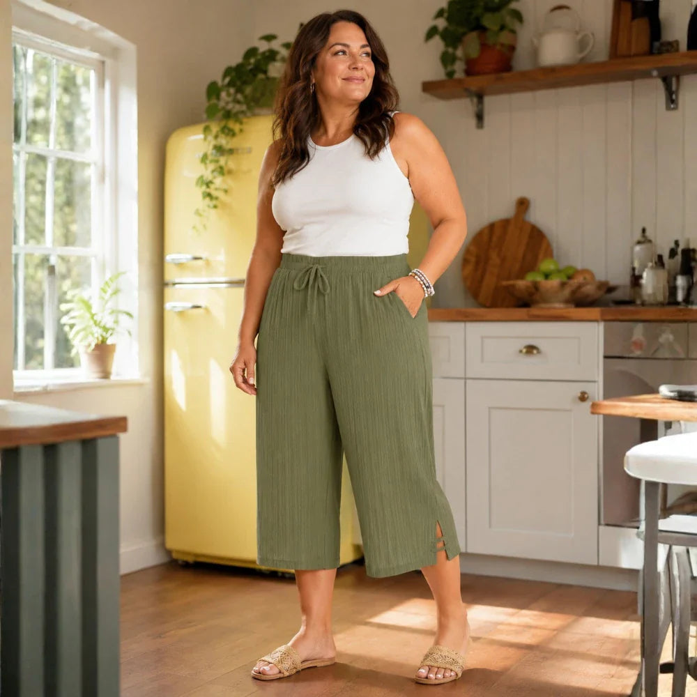 Velora – Ribbed Wide-Leg Capri Pants with Drawstring Waist & Side Slit, Plus Size 1XL–5XL