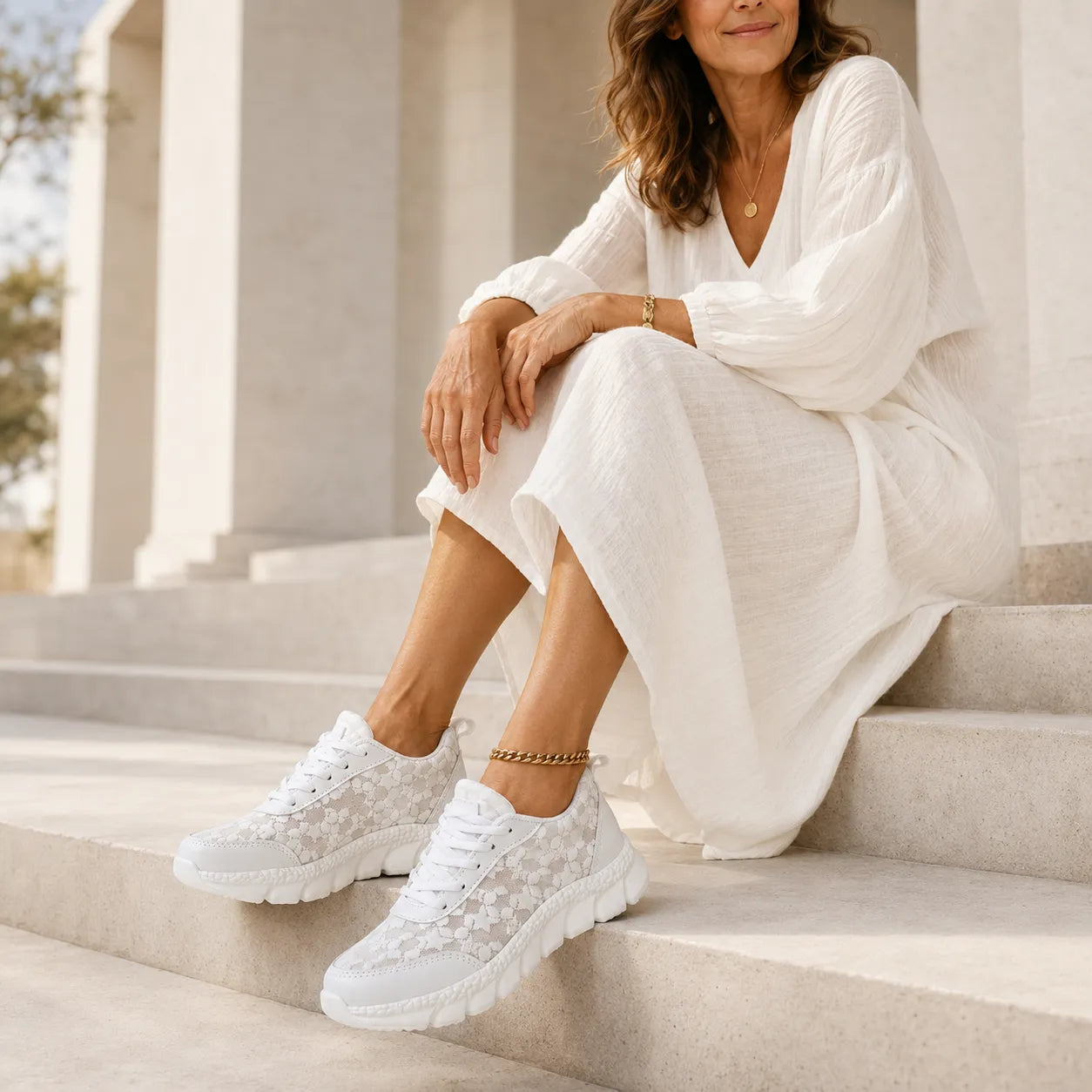 Stelline – Star Mesh Platform Sneakers for Women, Breathable White Lace