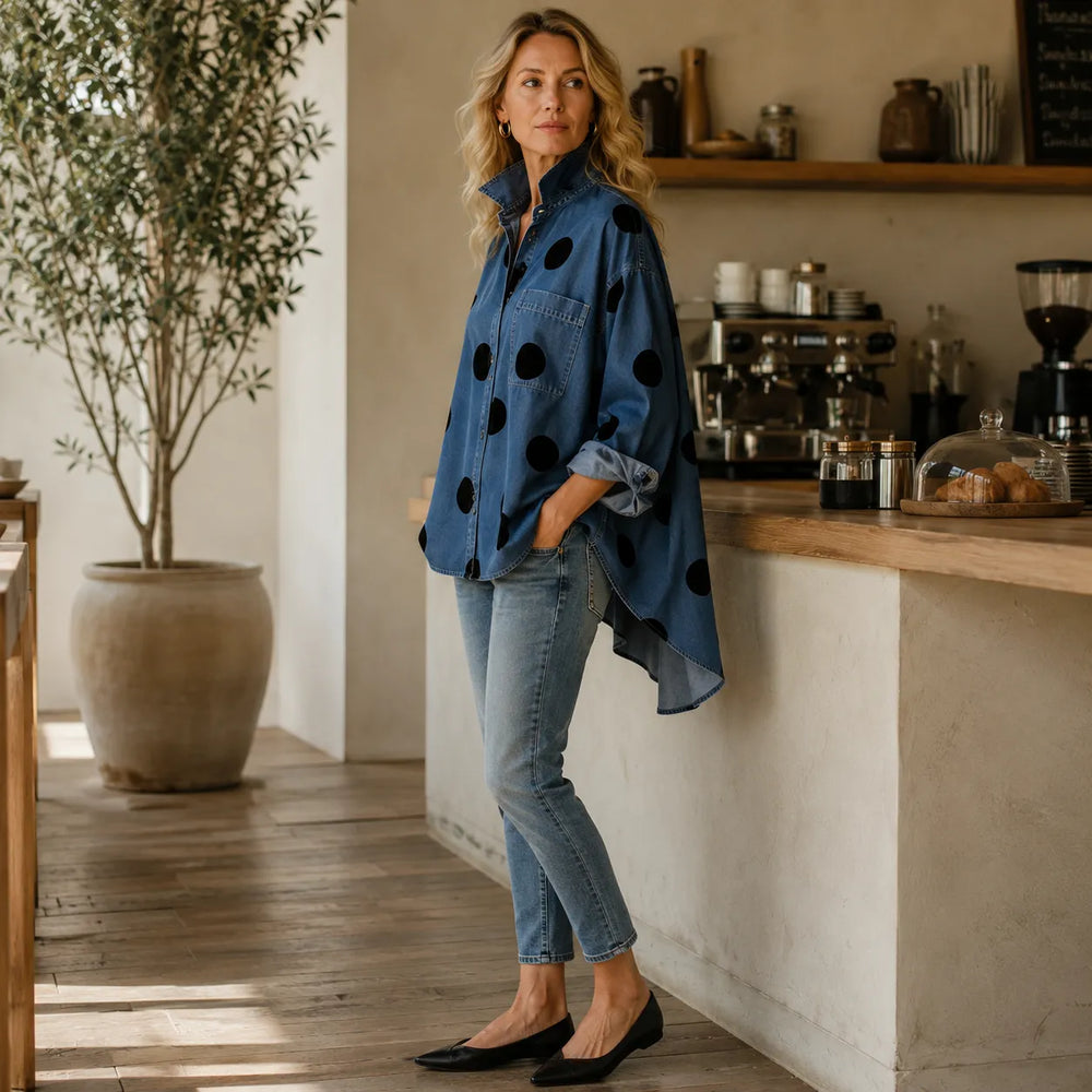 Marevelle – Oversized Polka Dot Denim Shirt with Stand Collar