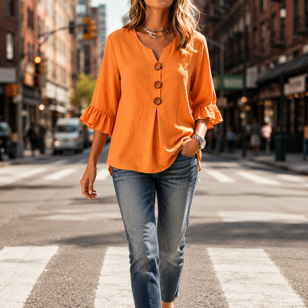 Laurelle™ – V-Neck Ruffle Sleeve Blouse with Buttons