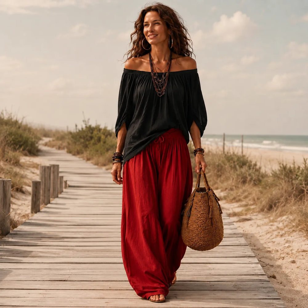 Solenza – Off-Shoulder Boho Top and Lantern Pants Set for Women