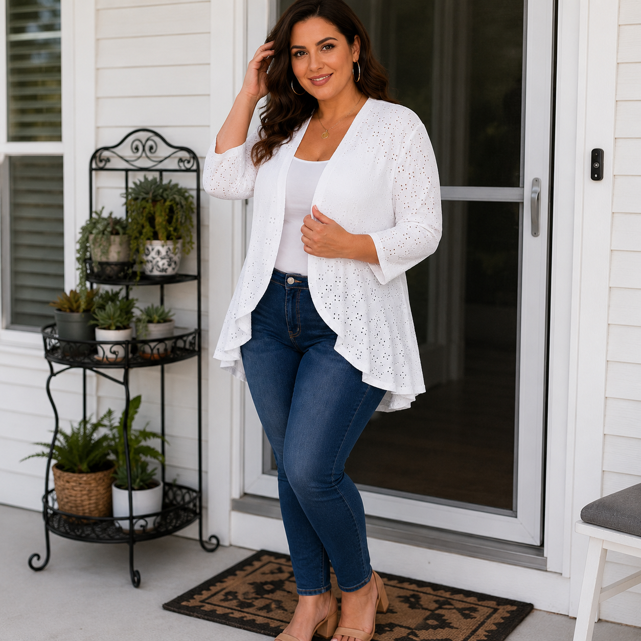 Veluna™ – Lightweight Eyelet Open-Front Cardigan for Women, 3/4 Sleeve Ruffle Hem Summer Layer