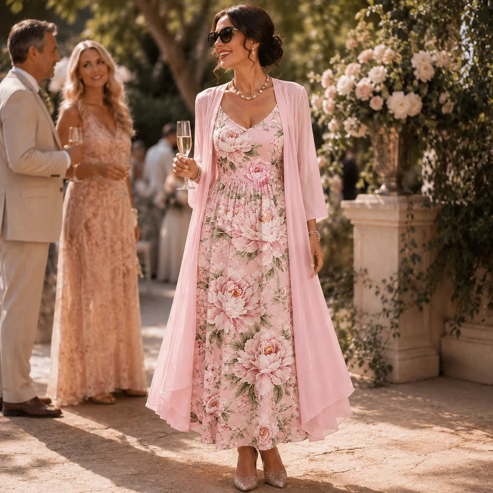 Florenza – Two-Piece Floral Maxi Dress with Sheer Duster