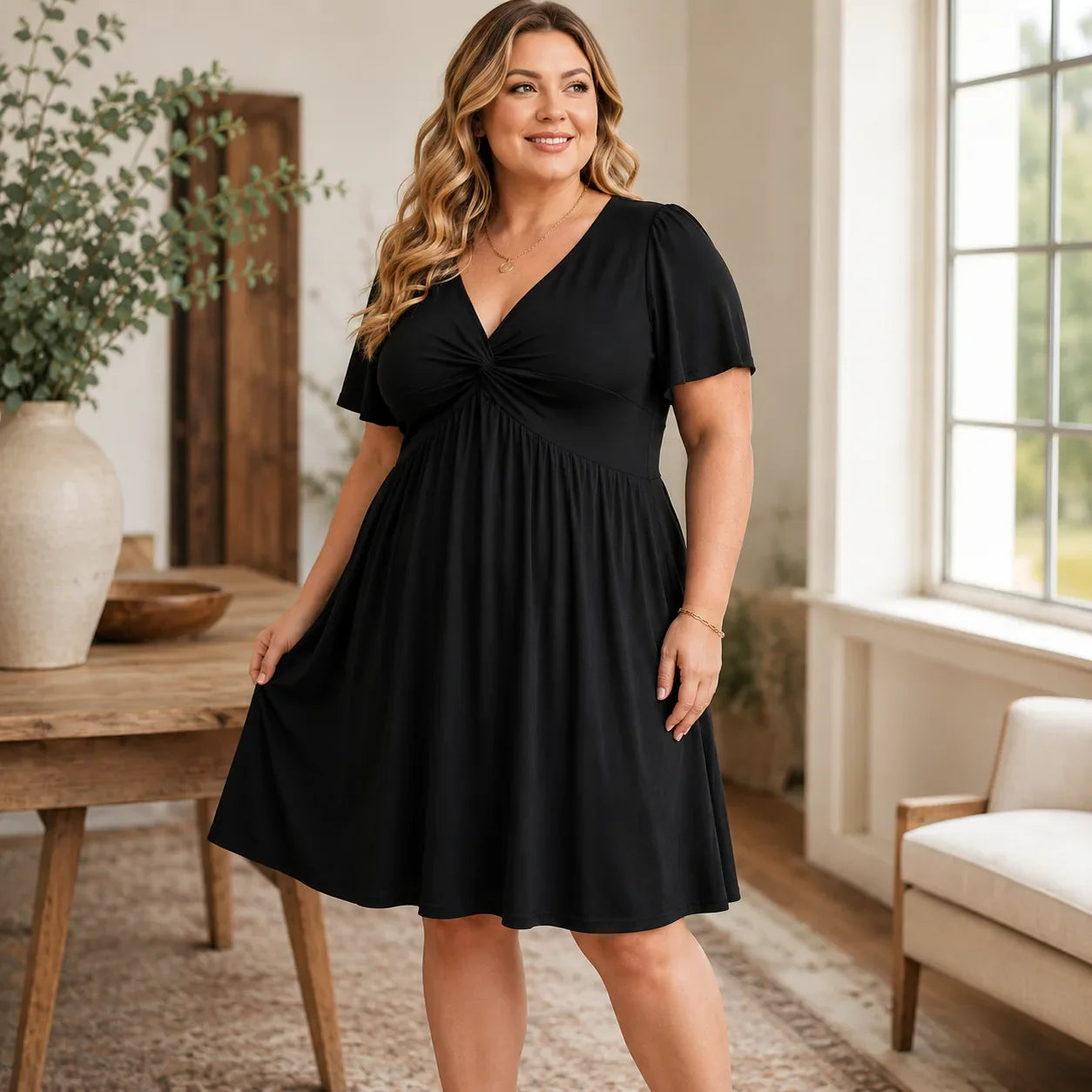 Wearbella – Plus Size V-Neck Twist Front Flutter Sleeve Dress with Pockets