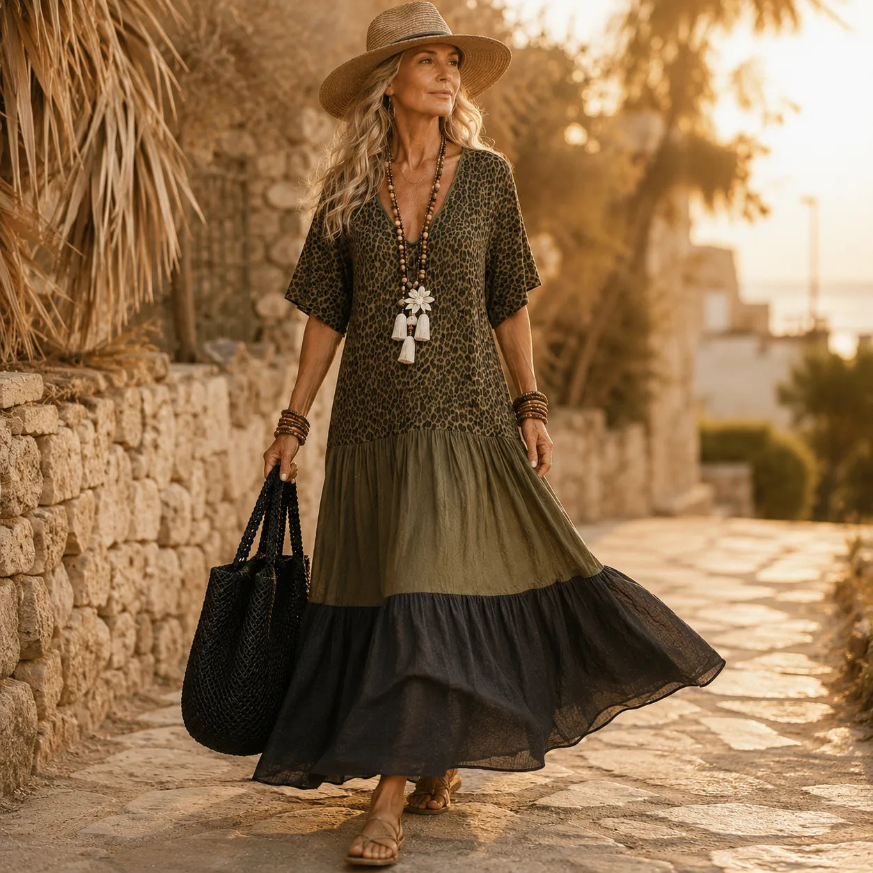 Marenza – Boho Tiered Maxi Dress with Leopard Bodice, Color-Block Skirt, V-Neck
