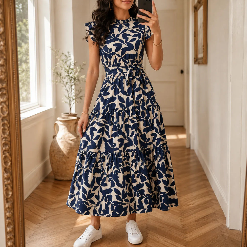 Sunlura – Flutter Sleeve Tie Waist Tiered Midi Dress, Summer Floral Print, Women's Casual Dress