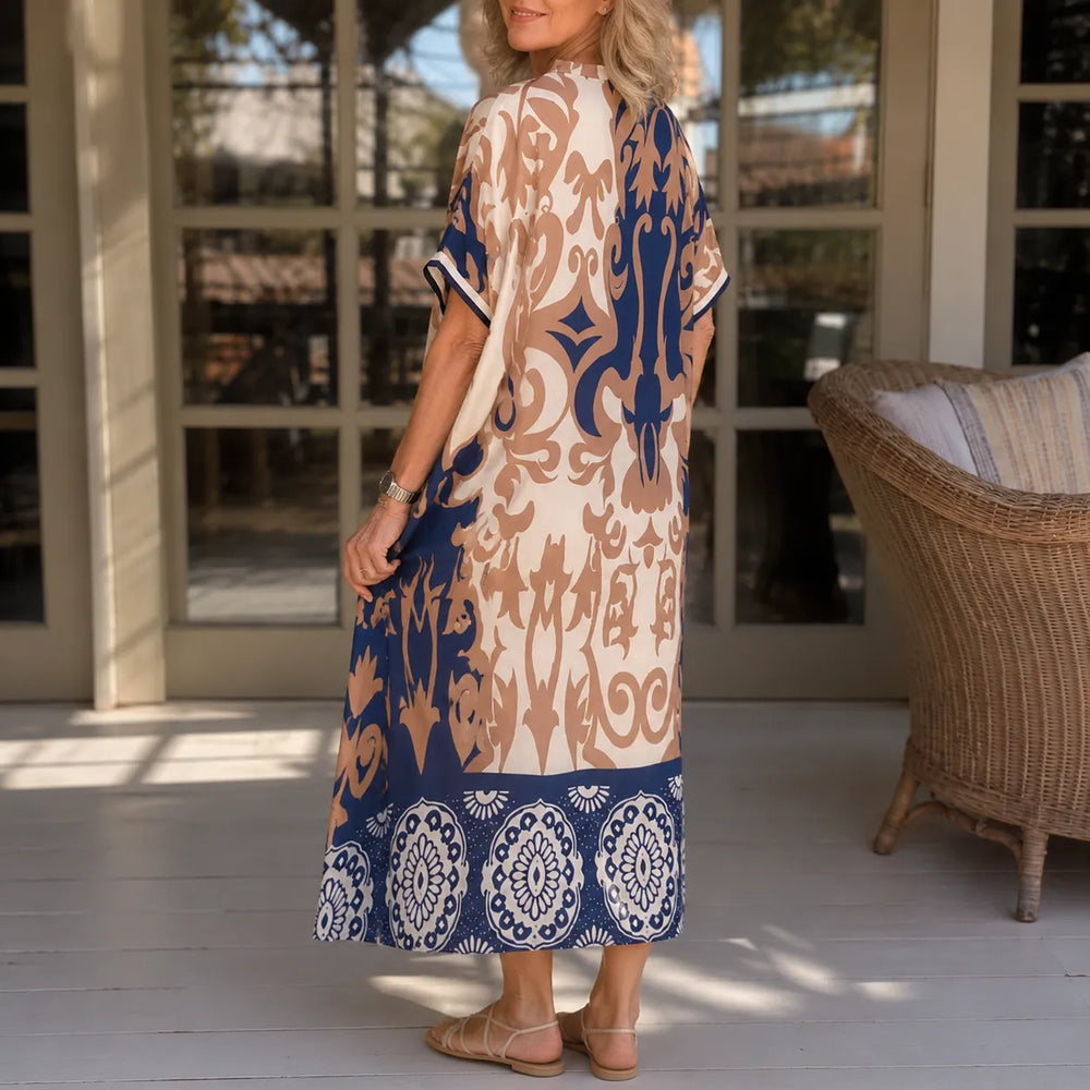 Marivelle – Coastal Damask V-Neck Loose Midi Dress for Women
