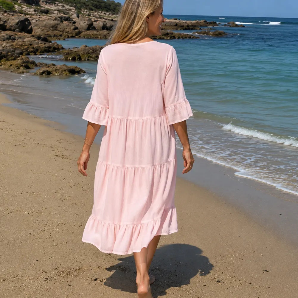 Soleia – Flowy Tiered V-Neck Midi Dress with Tassel Tie, Soft Feel, Half Sleeve